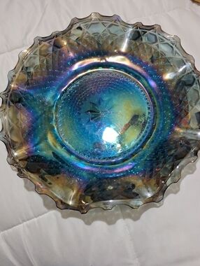 Blue Iridescent Diamond Cut Carnival Glass  10" Bowl  Plate- Dish Vintage